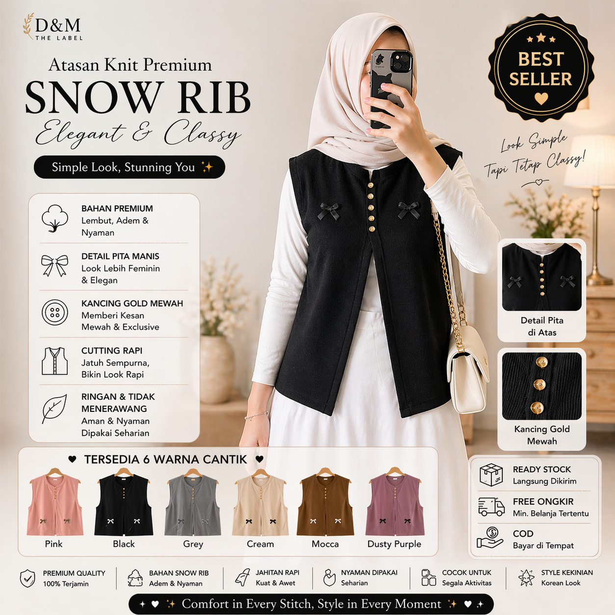 Vest Wanita Knit Snowrib Pita Kecil Outer Rajut Korean Style Tanpa Lengan Simple Elegant D&M The Label, foto 7